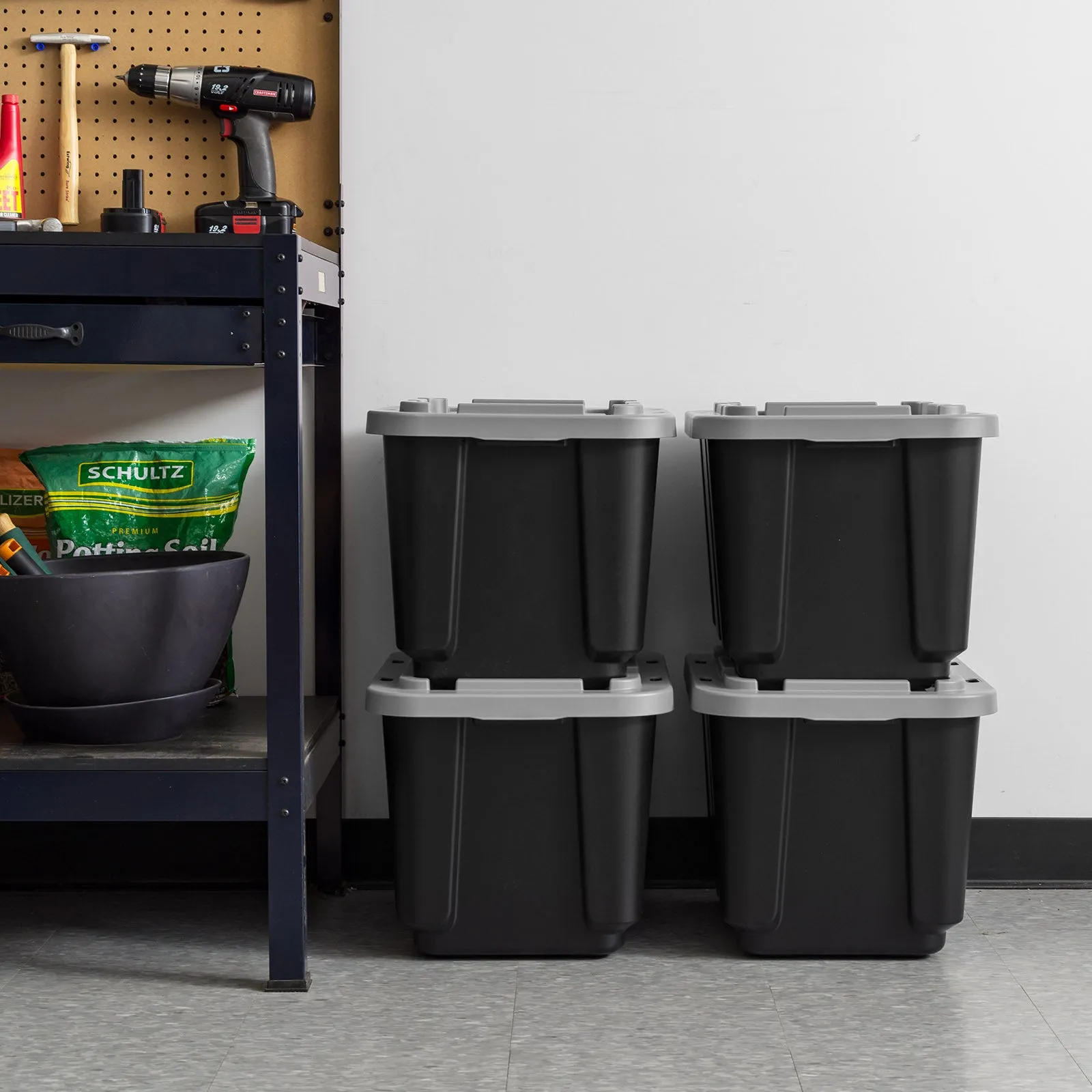 11.5Gal/46Qt 4 Pack All-Weather Heavy-Duty Stackable Storage Plastic Bin Tote Container with Quick Snap Lid, (20" L x 15" W x 14" H), Black