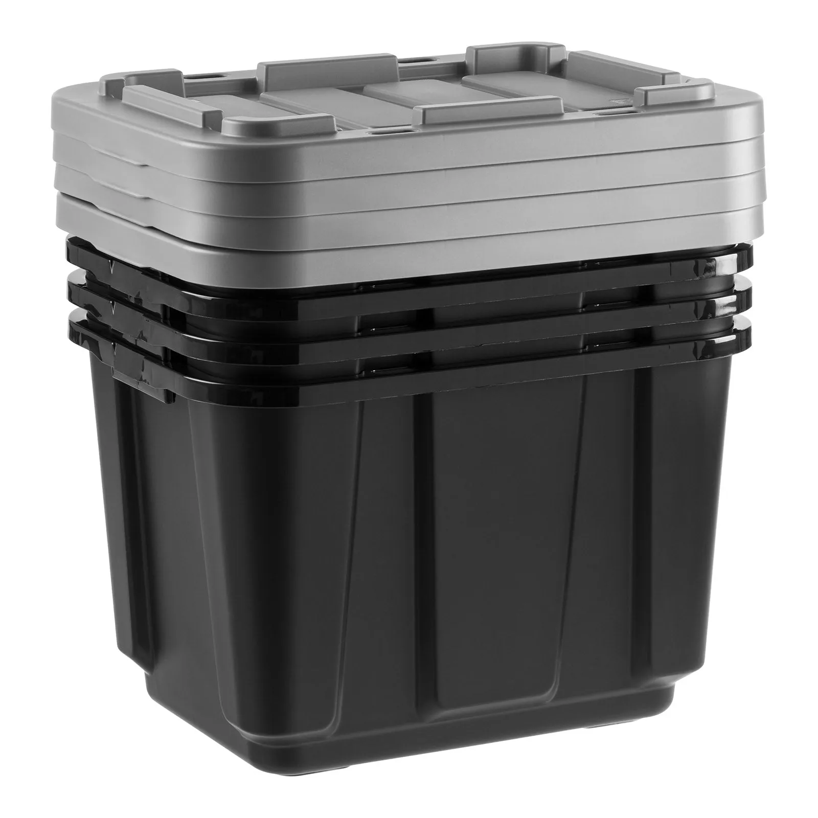 11.5Gal/46Qt 4 Pack All-Weather Heavy-Duty Stackable Storage Plastic Bin Tote Container with Quick Snap Lid, (20" L x 15" W x 14" H), Black