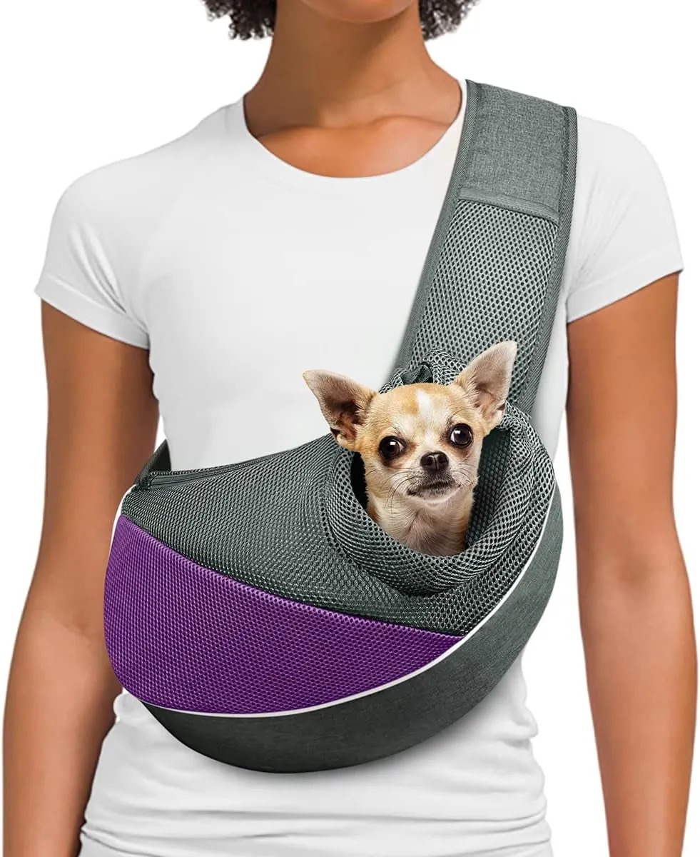 Adjustable Dog and Cat Sling Carrier with Padded Shoulder Strap and Mesh Pocket for Outdoor Travel (Size S - Up to 6 lbs, Light Purple/Grey)