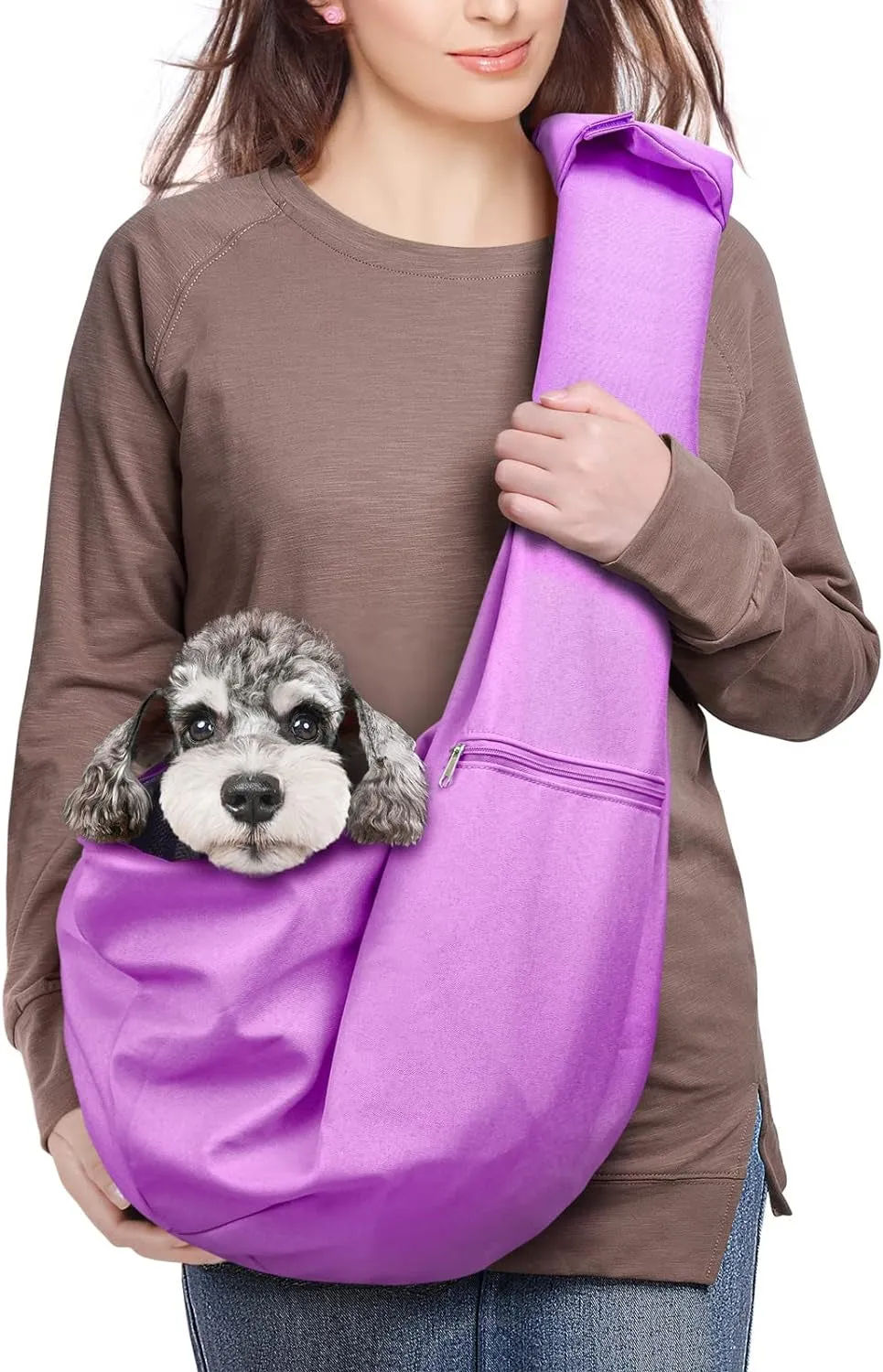 Adjustable Dog and Cat Sling Carrier with Padded Shoulder Strap, Large Zipper Pocket, and Mesh Pocket for Outdoor Travel