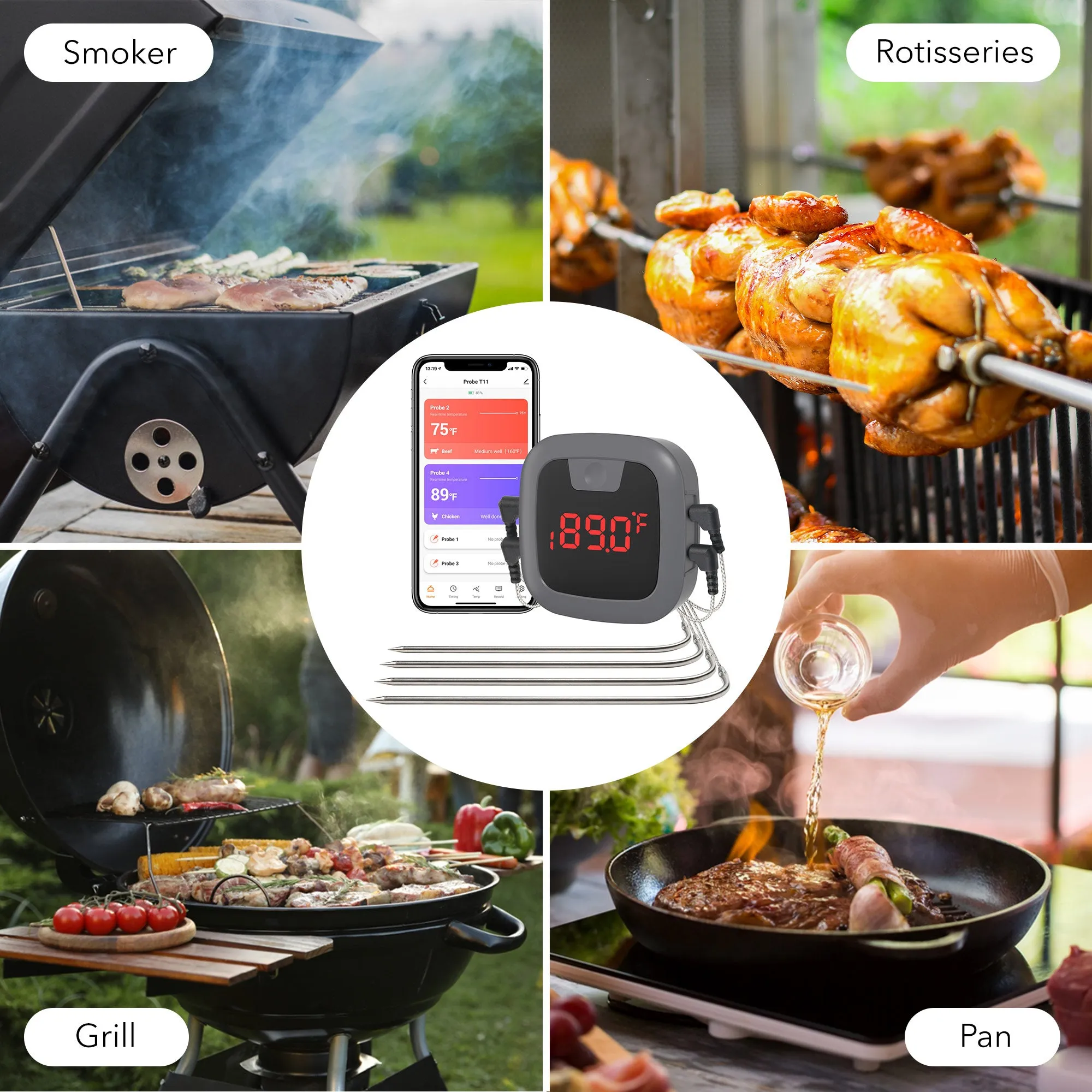 Bluetooth Meat Grill Thermometer with 4 Probes with Alarm & Timer HBN