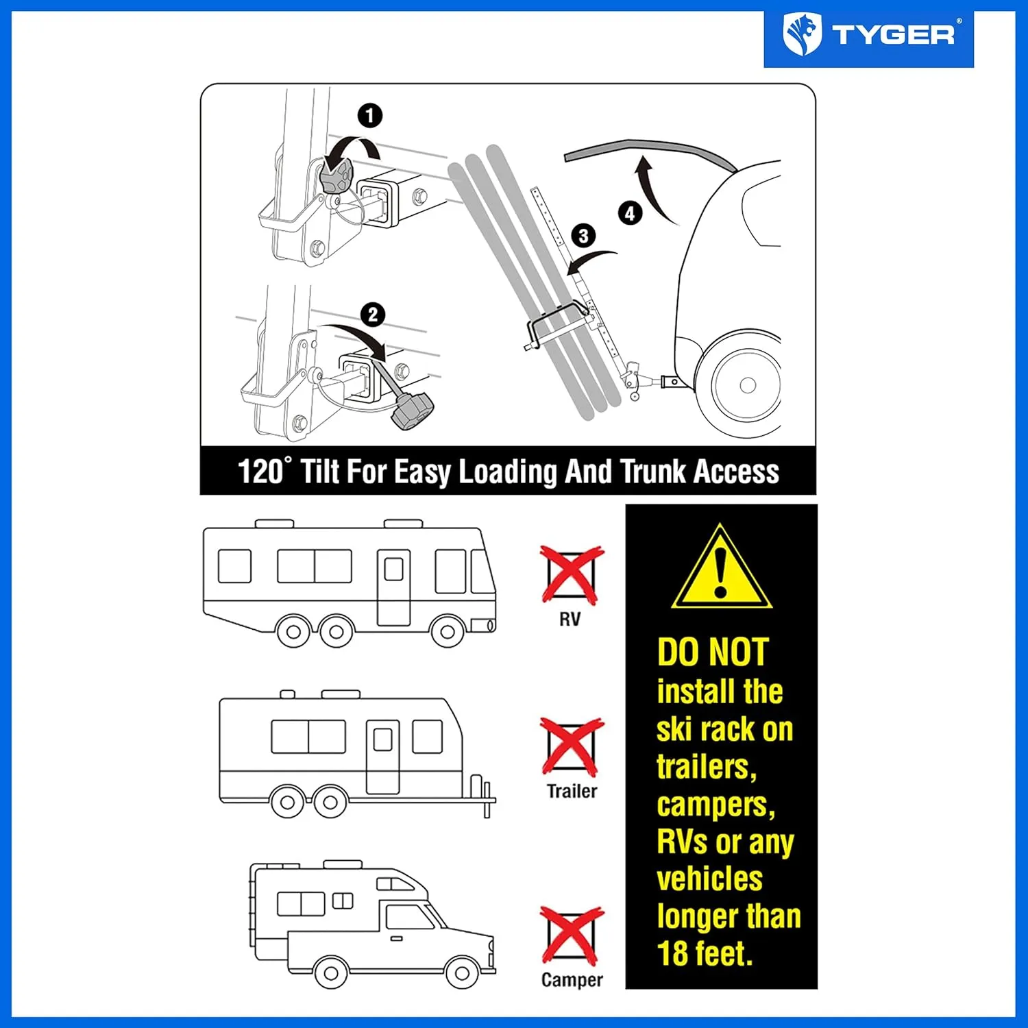 Folding Hitch-Mounted Ski or Snowboard Rack Fits 2" or 1.25" Receiver, Carries 6 Pair Skis or 4 Snowboards